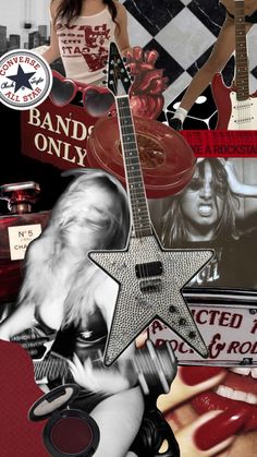 a collage of various images including a guitar, lipstick and other things in black and white