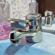 a painting of a faucet and soap dispenser on a sink