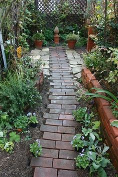 a brick path in the middle of a garden