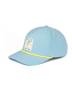 a light blue hat with yellow stitching on the side and a white patch at the peak