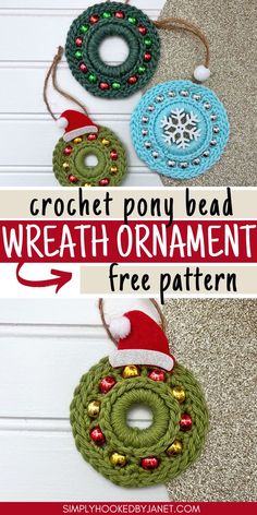 crochet christmas wreath ornament pattern with text overlay that reads, crochet pony bead wreath ornament free pattern