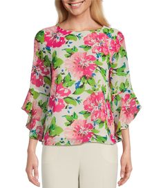 From Kasper&#x2C; this blouse features:floral print crew neckline 3/4 ruffle sleevespullover construction approx. 23" length polyester machine wash/dry flatImported. Ruffle Sleeve Blouse, Bell Sleeve Blouse, Weekend Wear, Ruffle Sleeves, Petite Outfits, Dillard's, Floral Patterns, Everyday Wardrobe, Chic Dress