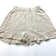 Blooming Rose Summer Soire Shorts Size Small Waist 24” Rise 13” Inseam 3” Measurements Are Approximate 45% Linen 55% Polyester Spring Linen Bottoms With Ruffle Hem, Linen Beach Bottoms With Ruffles, Casual Beach Bloomers With Elastic Waistband, Ruffled Linen Beach Bottoms, Ruffled Linen Bottoms For Beach, Ruffled Linen Bottoms For The Beach, Chic Linen Bottoms With Ruffles, Cotton Ruffled Bottoms For Beach, Casual Bloomers With Elastic Waistband For Beach