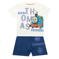 Kids Thomas and Friends T-Shirt and Shorts Set. Choo-choo-choose this summer outfit for your Thomas fan and they'll be on track for a great day! Made from sustainable cotton, this set includes a white short sleeved tshirt showcasing Thomas and matching navy shorts with an elasticated waist and 'Thomas' printed on the left leg. Essential daywear for fans of the iconic tv show Thomas & Friends! Size: 18M.  Color: Blue.  Gender: male. Blue Cotton Short Set For Playwear, Summer Playtime Crew Neck Sets, Summer Playtime Sets With Crew Neck, Cotton Short Set With Graphic Print Short Sleeve, Mesh Shorts Outfit, Under Armour Outfits, Toddler Boy Summer, Jogger Pants Outfit, Gentleman Outfit