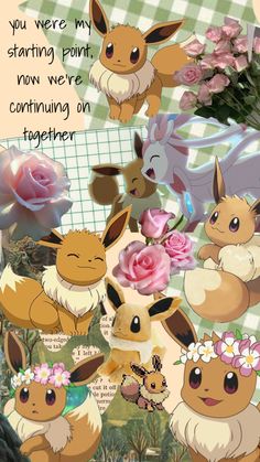 some cute pokemons with flowers on their heads and the words you were my starting point, now we're continuing on together