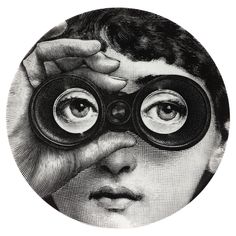 a black and white drawing of a boy looking through binoculars with his eyes wide open