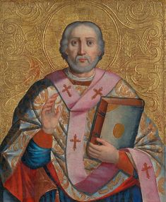 an old painting of a man holding a book and wearing a cross on his arm