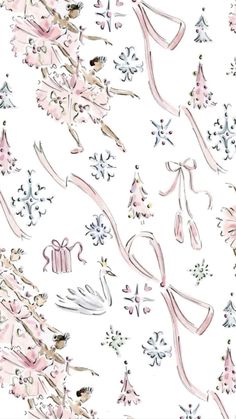 a white background with pink and silver christmas decorations on it's side, including snowflakes