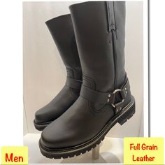 Brand New Sizes Available Boots Are Wide Width 6,6.5,7,7.5,8,8.5,9,9.5,10,10.5,11,11.5,12,13,14 Men’s Black Full Grain Leather Engineer Biker Pull On Strap Buckle Fall Outdoor Moto Boots With Snip Toe, Leather Moto Boots With Snip Toe For Winter, Winter Leather Moto Boots With Snip Toe, Leather Moto Boots With Reinforced Toe For Fall, Western Style Black Moto Boots With Leather Footbed, Classic Black Boots For Biker Events, Black Moto Boots With Goodyear Welt Construction For Winter, Fall Biker Moto Boots With Round Toe, Fall Leather Moto Boots