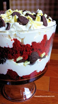 red velvet white chocolate trifle with oreo cookies