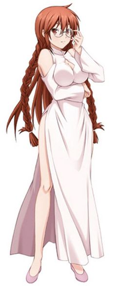 an anime character with long red hair wearing a white dress and holding her hand to her face