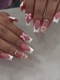 Latina Nail Ideas, Uñas Coquette, Bow Nail Designs, Girly Nails, Bow Nails, December Nails, Cute Simple Nails