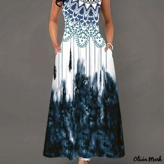 Olivia Mark - Mandala Floral Print Dress, Boho Crew Neck Sleeveless Maxi Dress, Women's Clothing Mandala Floral, Dress Boho, Sleeveless Maxi Dress, Olivia Mark, Floral Print Dress, Blue Sea, Print Dress, Women's Clothing, Floral Print