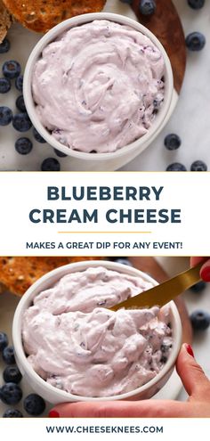 Long Pin with blueberry cream cheese in a bowl on a cutting board. Mixed Berry Cream Cheese Recipes, Cream Cheese Dip For Bagels, Cream Cheese Schmear, Blueberry Cream Cheese Dip, Blueberry Dip Cream Cheese, Bagel And Cream Cheese Ideas, Blueberry Cream Cheese Recipes