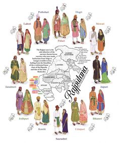 an illustrated map of the world with people dressed in different ethnic costumes and names on it