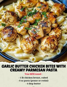 a plate of pasta with chicken and parmesan cheese on it, in front of an advert for garlic butter chicken bites with creamy parmesan pasta