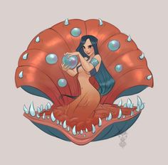 a drawing of a woman sitting on top of a giant clam with water droplets