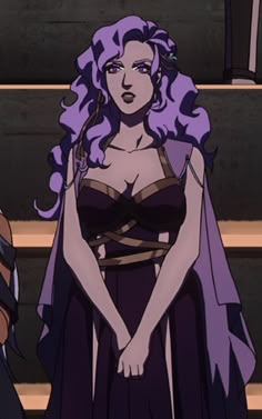 a woman with purple hair standing in front of stairs