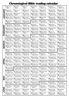 the chromological bible reading calendar is shown in black and white, with an image of