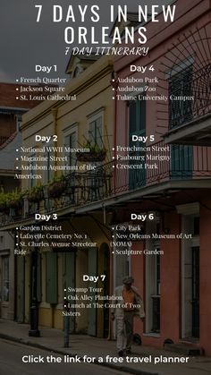 the 7 days in new orleans tour is shown with an image of people walking down the street