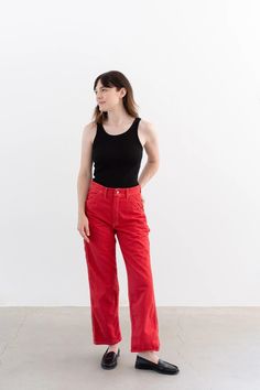 Vintage 25 26 27 28 Waist Watermelon Red Cotton Utility Painter Pants Unisex Made USA Stonecutter High Rise Trousers Contrast Stitch - Etsy High Waist Utility Cotton Work Pants, High Waist Cotton Utility Work Pants, Fitted Cotton Utility Pants, Red Relaxed Fit Cotton Pants, High Waist Relaxed Fit Cotton Work Pants, Fitted Wide Leg Cotton Cargo Pants, Casual Red Straight Leg Chinos, Red Cotton Utility Pants, Red Utility Bottoms With Pockets