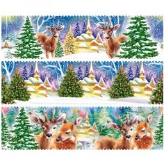 two deers are standing in front of christmas trees and snow covered ground with pine trees