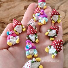 Handmade miniature gnomes Polymer Clay Gnomes Diy, Clay Nomes, Clay Gnomes Diy How To Make, Strawberry Gnomes, Polymer Clay Gnomes, Polymer Clay Fairy Garden, Clay Fairy Garden