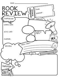 the book review worksheet is shown in black and white, with an arrow pointing to