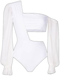 a woman wearing a white bikinisuit with long sleeves and tie around the waist,