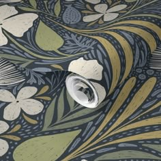 an artistic wallpaper design with flowers and leaves in grey, gold and green colors