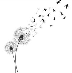 a dandelion blowing in the wind with birds flying around