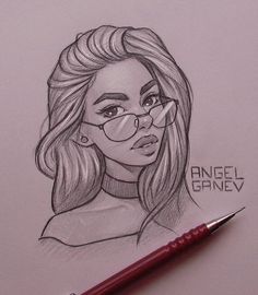 a pencil drawing of a woman with glasses on her face and the words angel game written below