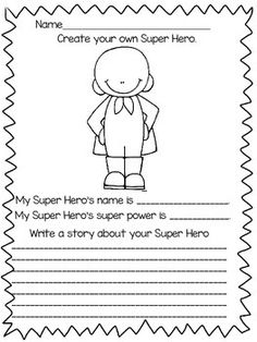 a super hero writing paper with the words, name your own hero and an image of a