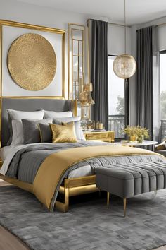 a bedroom with gold accents and gray bedding, large window overlooking the cityscape