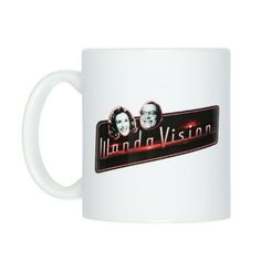 a white coffee mug with the words mind on vision in red letters and two people's faces