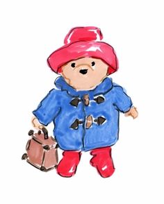 a drawing of a teddy bear wearing a blue coat and red hat holding a suitcase