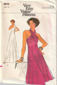 VERY EASY Halter Neck Dress Gown SZ 14 Vogue 9212 Size 14  BUST 36"  WAIST 28"  HIP 38" Sewing pattern pieces are cut and are all here.  Instructions here.  Envelope has shelf wear; ink stamp; yellowing; tape; missing flap; etc. Very Easy Sewing pattern to make: Halter Dress / Gown ~ below mid-knee length; evening / floor length; flared skirt; lined bodice; halter neckline criss crossed at front and attached to back bodice; slightly gathered under bust; back bodice slit to empire waistline; back Criss Cross Neckline Dress, Criss Cross Halter Dress, Dress 1900, Sewing Pattern Pieces, Halter Neck Dress, Empire Waistline, Pattern Pieces, Vogue Patterns, Empire Dress