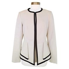 This Calvin Klein Collarless Contrast Trim Jacket Blazer Is An Elegant Option For Your Workweek Wardrobe White With Contrast Black Trim Long Sleeve High Round Crew Neckline Front Hook Closure Fully Lined Polyester/Rayon/Spandex Dry Clean Very Good Condition Size 6p Elegant Calvin Klein Outerwear For Office, Elegant Calvin Klein Office Outerwear, Elegant Calvin Klein Outerwear For Career, Elegant Calvin Klein Career Outerwear, Elegant Long Sleeve Calvin Klein Blazer, Elegant Calvin Klein Blazer For Career, Elegant Calvin Klein Blazer For Fall, Elegant Calvin Klein Career Blazer, Calvin Klein Elegant Fall Blazer