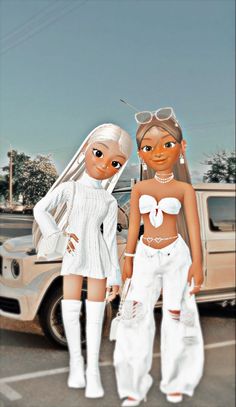 two women standing next to each other in front of a white car with sunglasses on