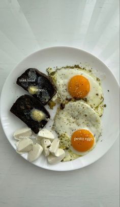 an egg, toast and mushrooms on a white plate with the words breakfast written below it