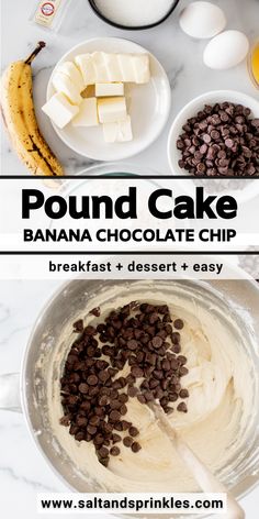 the ingredients to make pound cake are in bowls and on top of each other, including bananas