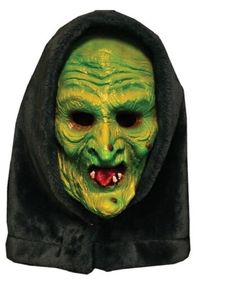 a person wearing a green mask with black hoodie on their head and eyes open