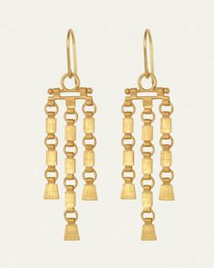 The Sharni Earrings, in 18K Gold Vermeil, feature three panels of handmade chain work, reminiscent of Ancient Greek jewellery discovered upon the isle of Crete. These refined earrings embody the classic Temple of the Sun look. Gold Fusion Dangle Chandelier Earrings, Gold Fusion Chandelier Earrings For Formal Occasions, Gold Fusion Long Drop Earrings, Ancient Crete, Greek Jewellery, Ancient Greek Jewelry, Lotus Earrings, Gemstone Properties, Byron Bay Australia