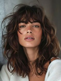 42 Inspiring Mid-Length Haircuts with Bangs for Every Face Shape and Style Layered Haircuts For Medium Hair With Bangs, Shoulder Length Hair Wavy, Wavy Haircuts With Bangs, Curls With Bangs, Bangs 2024, Rich Brunette Hair, Mid Length Curly Hairstyles, Medium Haircuts With Bangs, Wavy Layered Hair