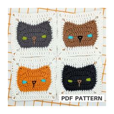 four crocheted cats with green eyes are shown on a white background and the words,