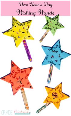 four stars with writing on them and the words new year's day wishing wands