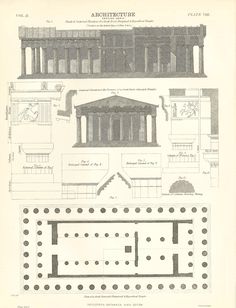 an old architectural drawing shows the various sections of a building and its surrounding area, including two