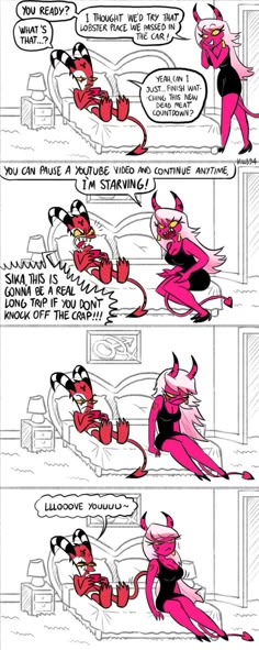 comic strip with pink hair and black clothes, one cartoon character is talking to the other