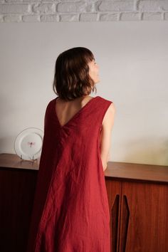 Red Linen V-neck Dress, Burgundy Red Dress, Red Linen Dress, Dress Deep V Neck, Dress Minimal, Linen Dress Summer, Deep V Neck Dress, Long Linen Dress, Summer Linen Dresses