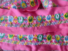 Amazing vintage hand embroidered polyester fabric. The cutest little flower power embroidery on bubble gum pink polyester. Bright beautiful colors, great shape, would be beautiful as a border or insert. 5" long and 4 yards wide. Bubble Gum Pink, Bubblegum Pink, Boho Floral, Bubble Gum, Vintage Boho, Flower Power, Hand Embroidered, Beautiful Colors, Polyester Fabric